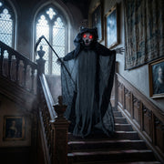 Standing werewolf decoration on a staircase inside a haunted house display