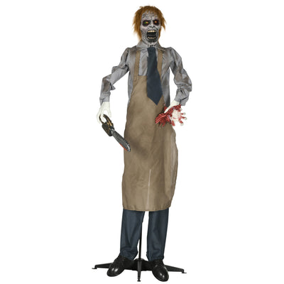 Khaki-aproned animated zombie prop standing upright holding a chainsaw and a severed hand