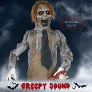 Zombie prop in fog labelled with its chainsaw sound effect