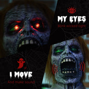 Close-up of the zombie's glowing red eyes and open mouth