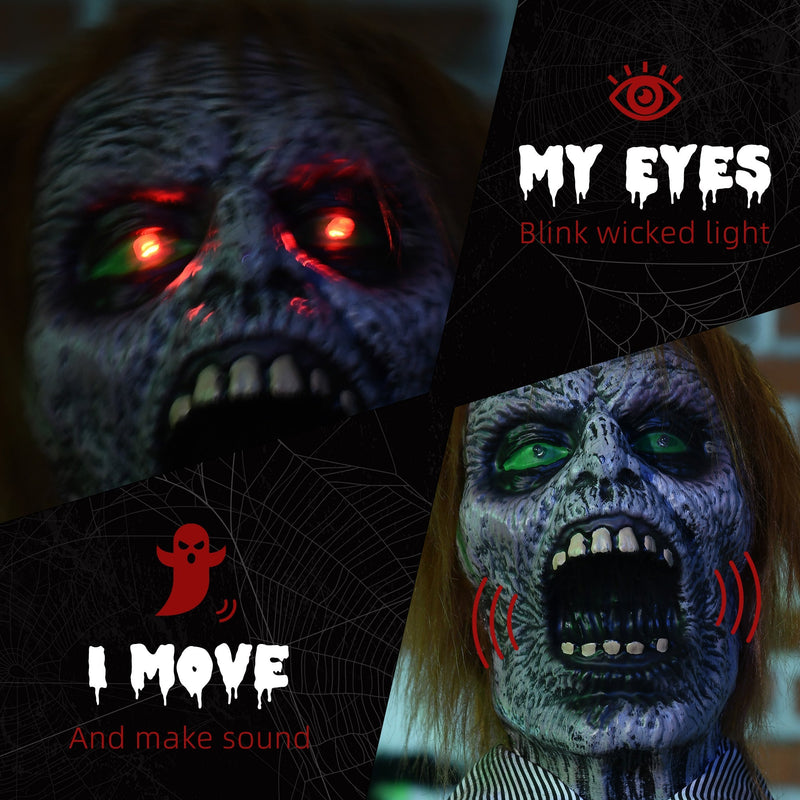 Close-up of the zombie's glowing red eyes and open mouth