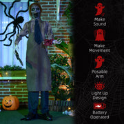 Zombie prop in a garden beside a list of its sound, movement and lighting features