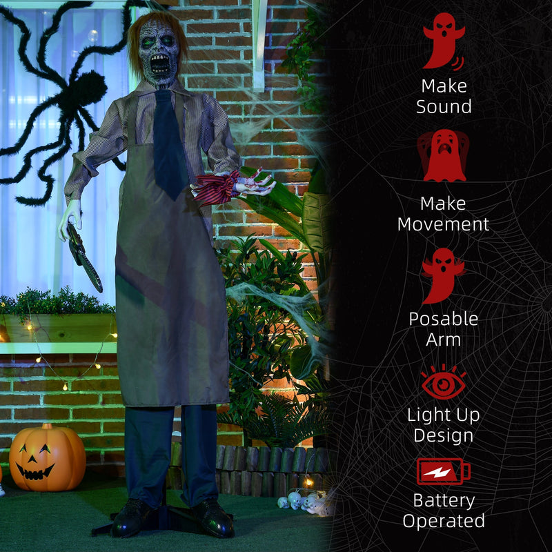 Zombie prop in a garden beside a list of its sound, movement and lighting features