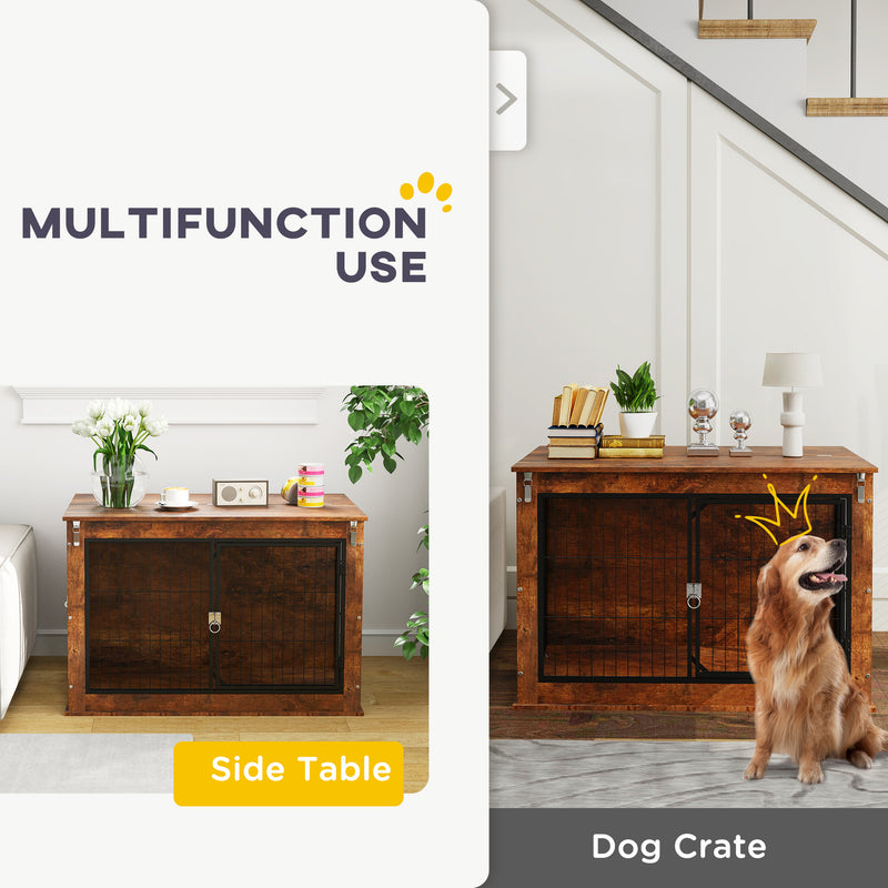 Rustic Brown Dog Crate Furniture with Flip Up Top and Two Doors for Large Dogs by PawHut