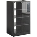 Record Player Stand With Adjustable Shelves and Glass Doors for Tidy Media Storage Black Wood-Effect