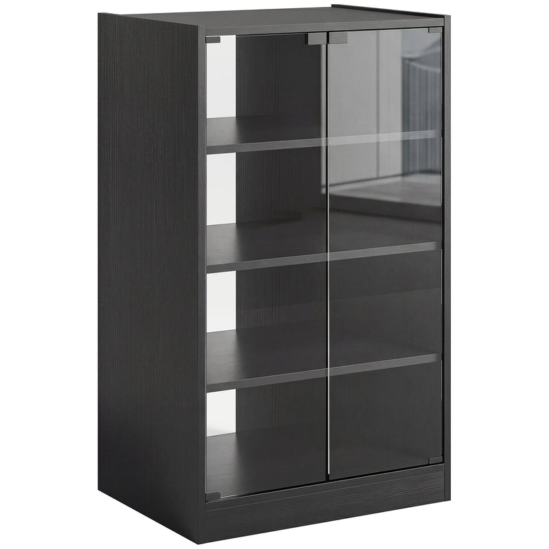 Record Player Stand With Adjustable Shelves and Glass Doors for Tidy Media Storage Black Wood-Effect