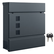 Anthracite grey lockable wall mounted mailbox with two keys on a white background