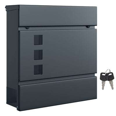 Anthracite grey lockable wall mounted mailbox with two keys on a white background