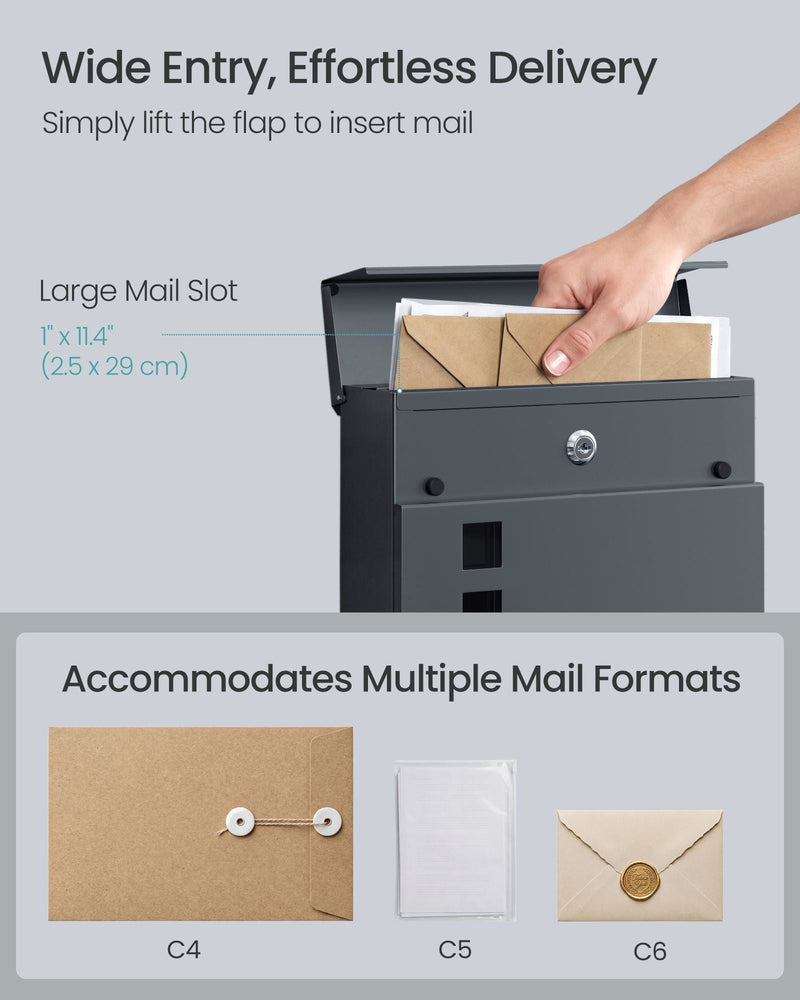 Hand lifting the top flap to post an envelope, with C4, C5 and C6 envelope sizes shown