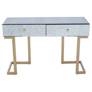 Silver antique mirror console table with two drawers and iron sledge base on a plain background