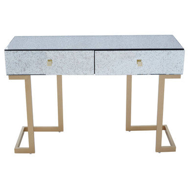 Silver antique mirror console table with two drawers and iron sledge base on a plain background