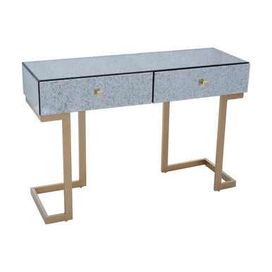 Front view of the silver mirrored console table showing both drawer fronts and brass-finish pulls
