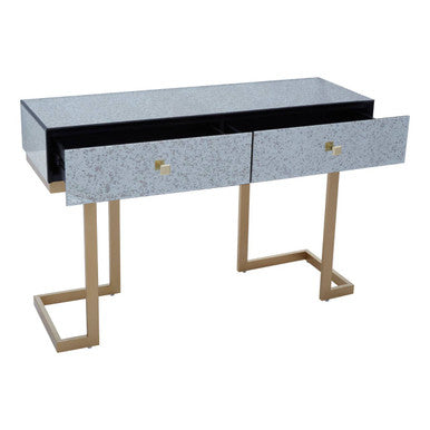 Angled studio view of the antique mirror console table showing its 40cm depth