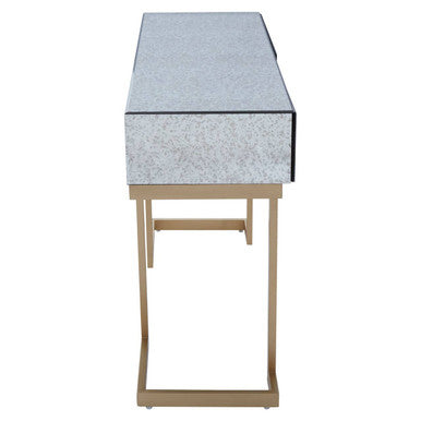 Side profile of the mirrored console table on its iron sledge base