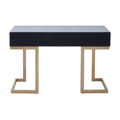 Mirrored console table shown with one drawer open to reveal the storage space