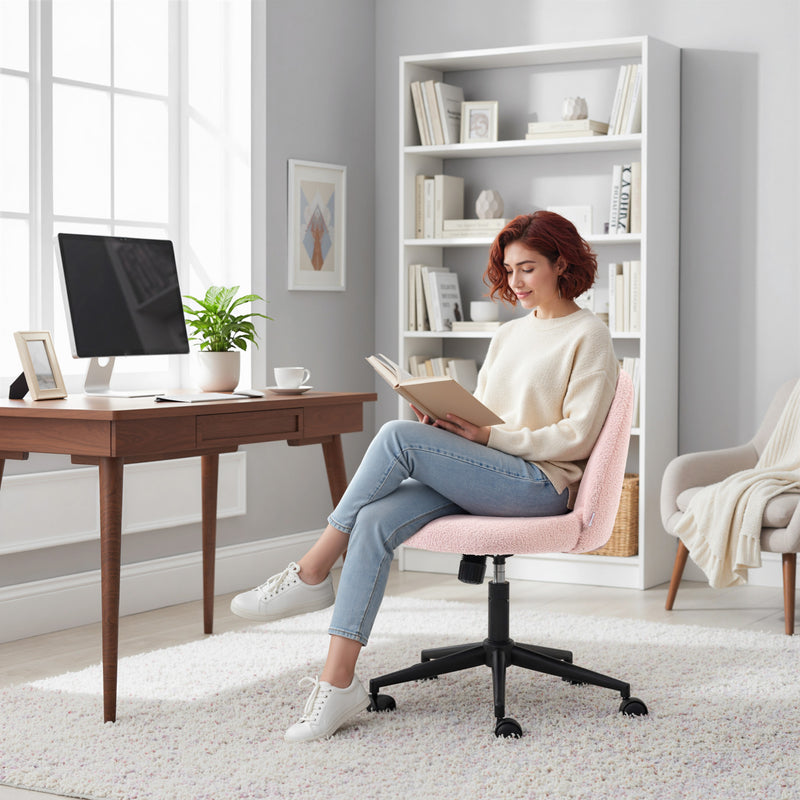 Teddy Fleece Swivel Office Chair With Wheels For Home Desk Or Study Light Pink AOSOM