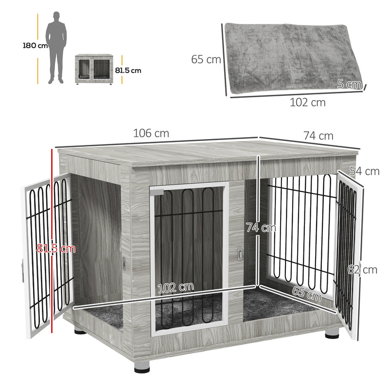 Large Indoor Dog Kennel with Soft Cushion and Double Doors for Comfort and Space Grey