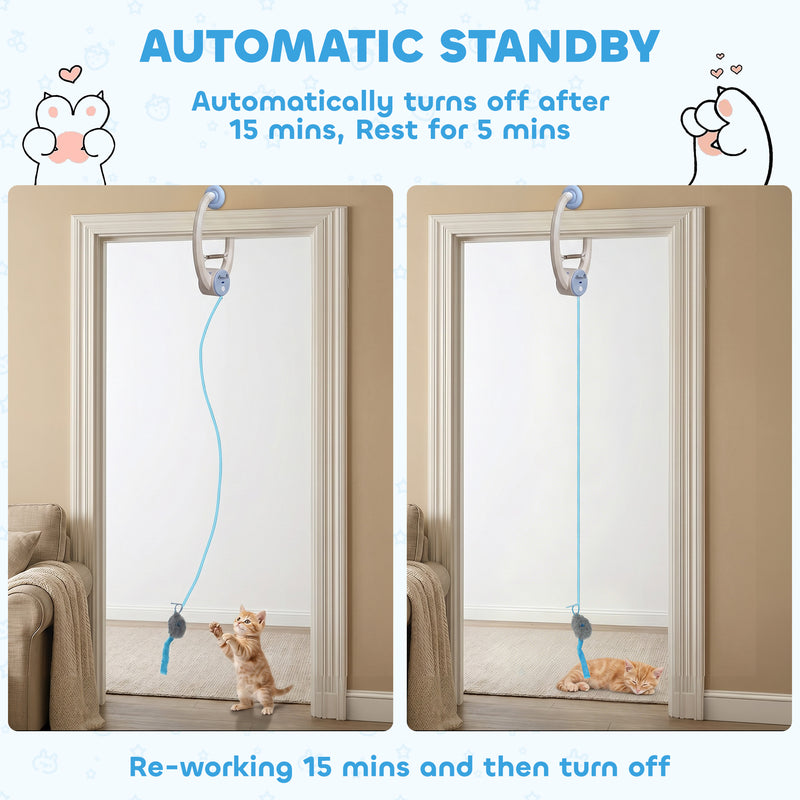 Automatic Doorway Cat Toy With Timer For Indoor Play And Scratch Prevention White Blue Pawhut