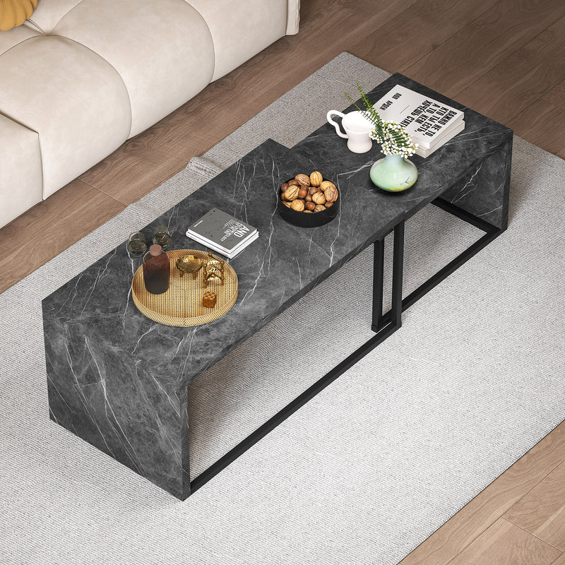 Set of 2 Dark Grey Marble Effect Coffee Tables With Metal Frame For Living Room Use