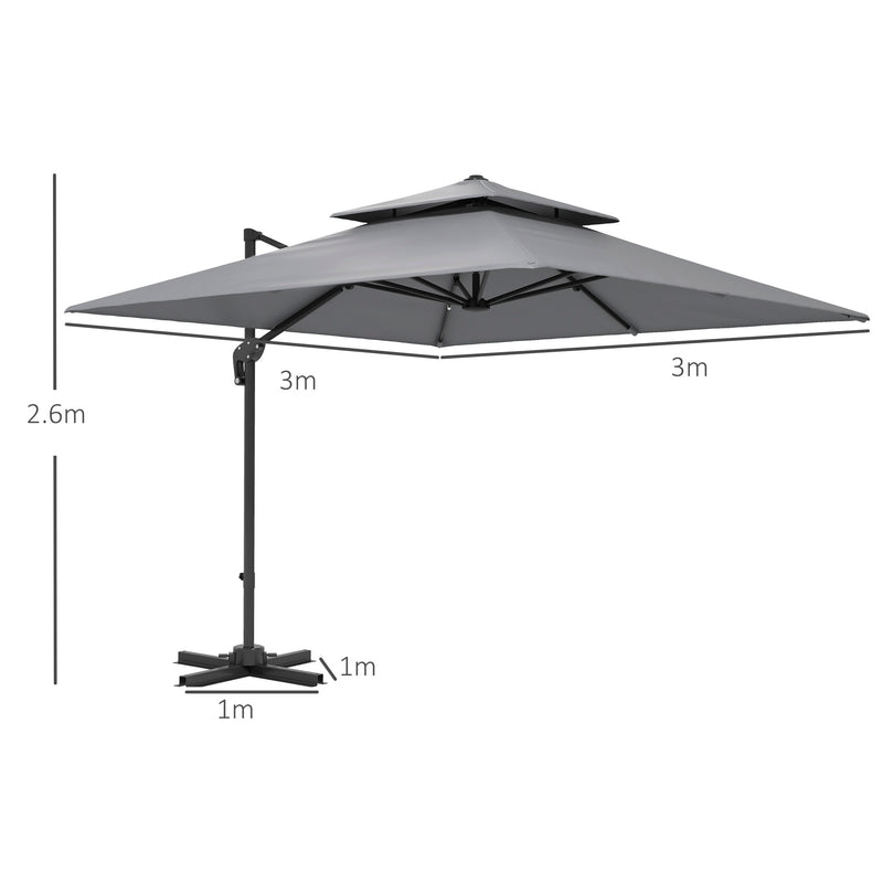 Light Grey 3x3m Cantilever Parasol with Aluminium Frame Crank Tilt and Base by Outsunny