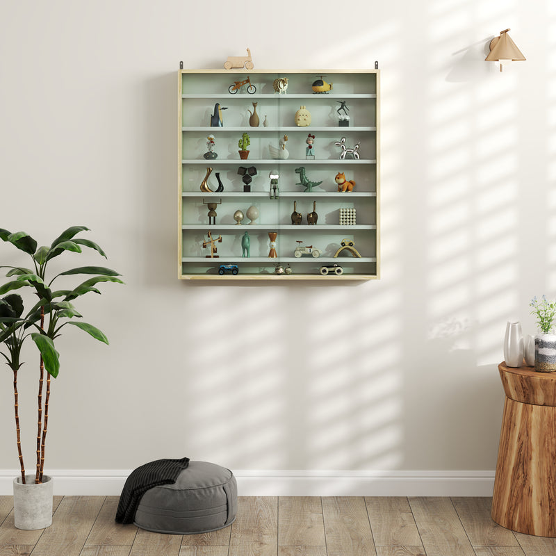 7 Tier Wall Display Cabinet with Glass Doors and Adjustable Shelves Oak by HOMCOM