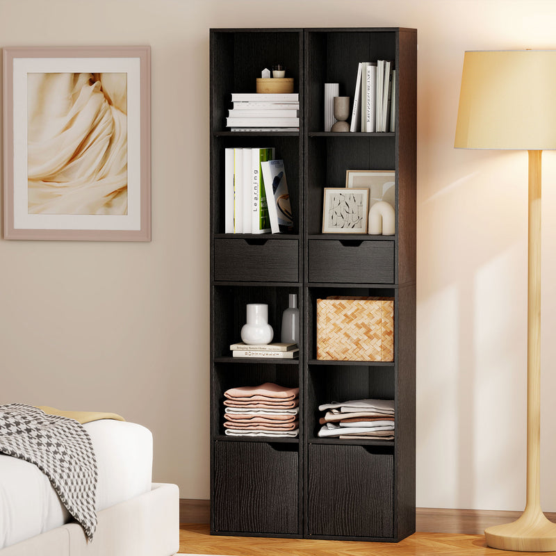 Tall Narrow 6 Tier Bookcase with Drawer and Cupboard for Home Storage Black AOSOM