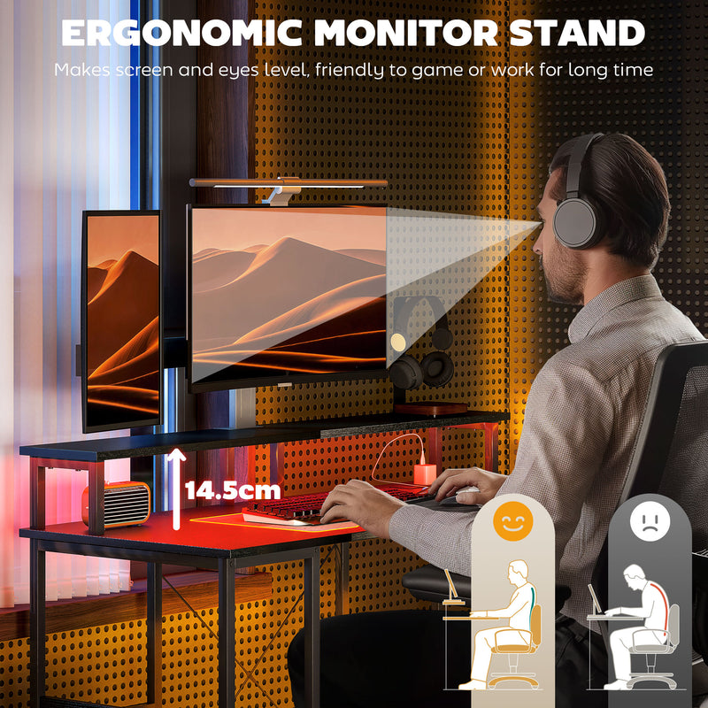 Black Computer Desk with Power Outlets LED Lights and Storage Shelves by HOMCOM