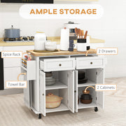 White Rolling Kitchen Island Trolley with Rubber Wood Top and Storage Drawers by HOMCOM