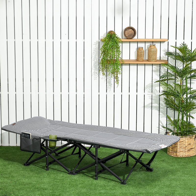 Black Foldable Padded Camp Bed With Cup Holder And Carry Bag For Garden Or Camping