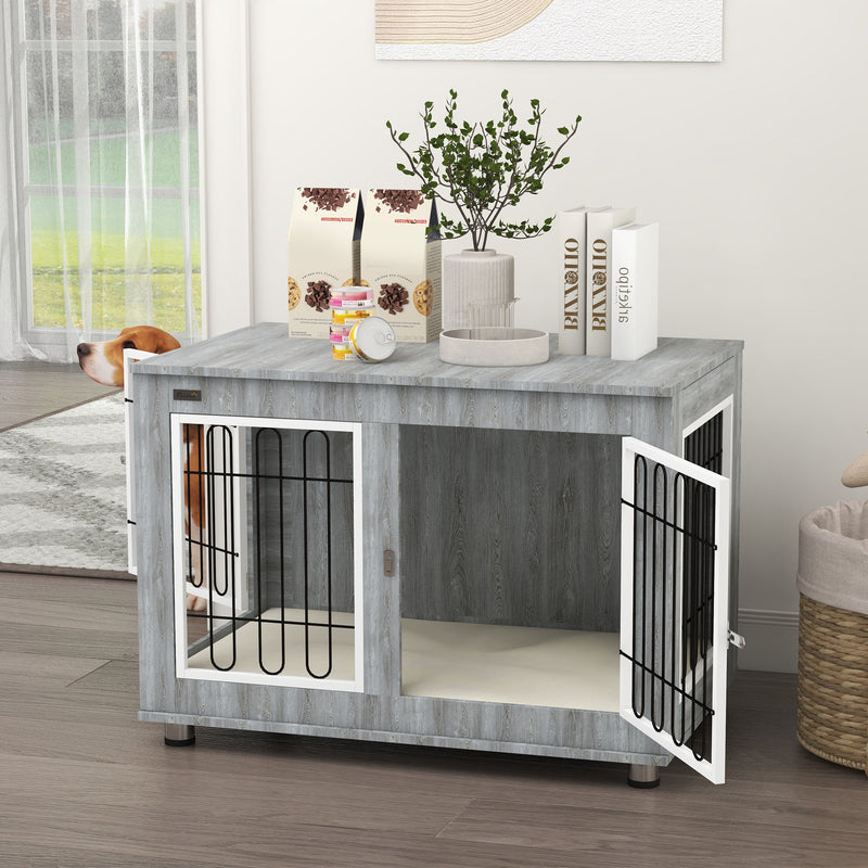 Dog Crate Side Table for Medium and Large Dogs with Cushioned Base and Lockable Doors Grey