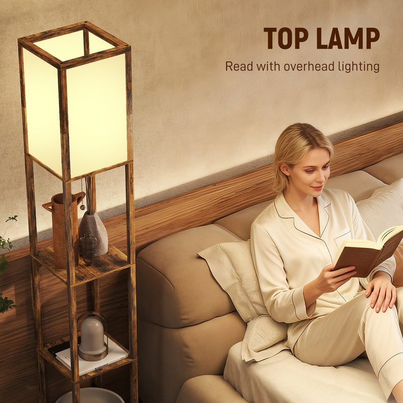 Floor Lamp With Shelves For Living Room or Bedroom - USB Charging Ports, Rustic Brown Homcom