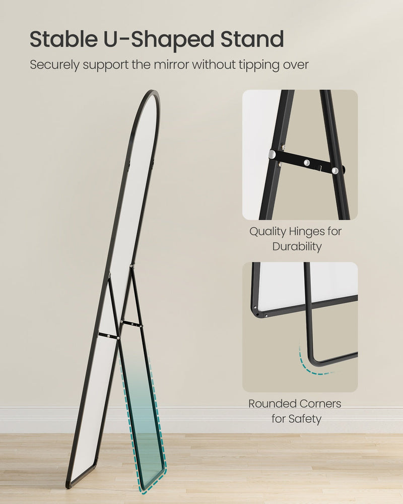 Mirror leaning on its folding U-shaped stand, with close-ups of the hinge bolts and rounded lower corners