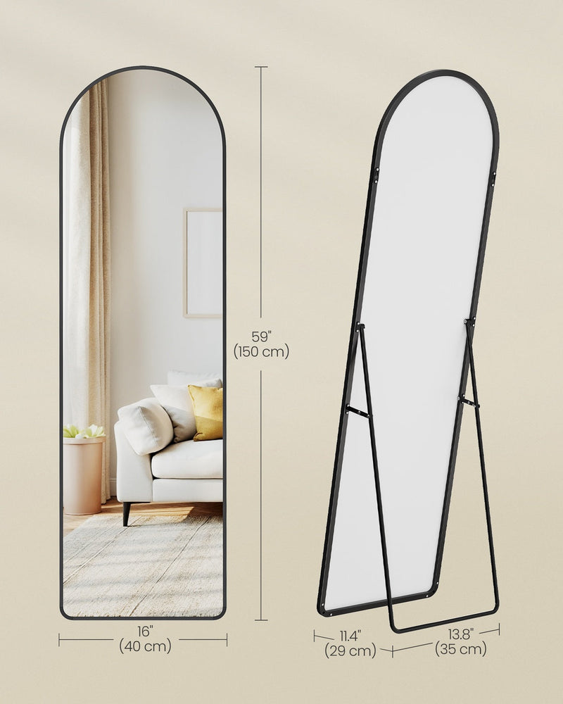 Dimensions diagram of the mirror and its stand on a beige background, marking height, width and base depth
