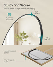Cross-section of the slim aluminium alloy frame with its measurements, above an impact-resistant carton lined with foam