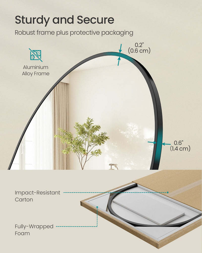 Cross-section of the slim aluminium alloy frame with its measurements, above an impact-resistant carton lined with foam