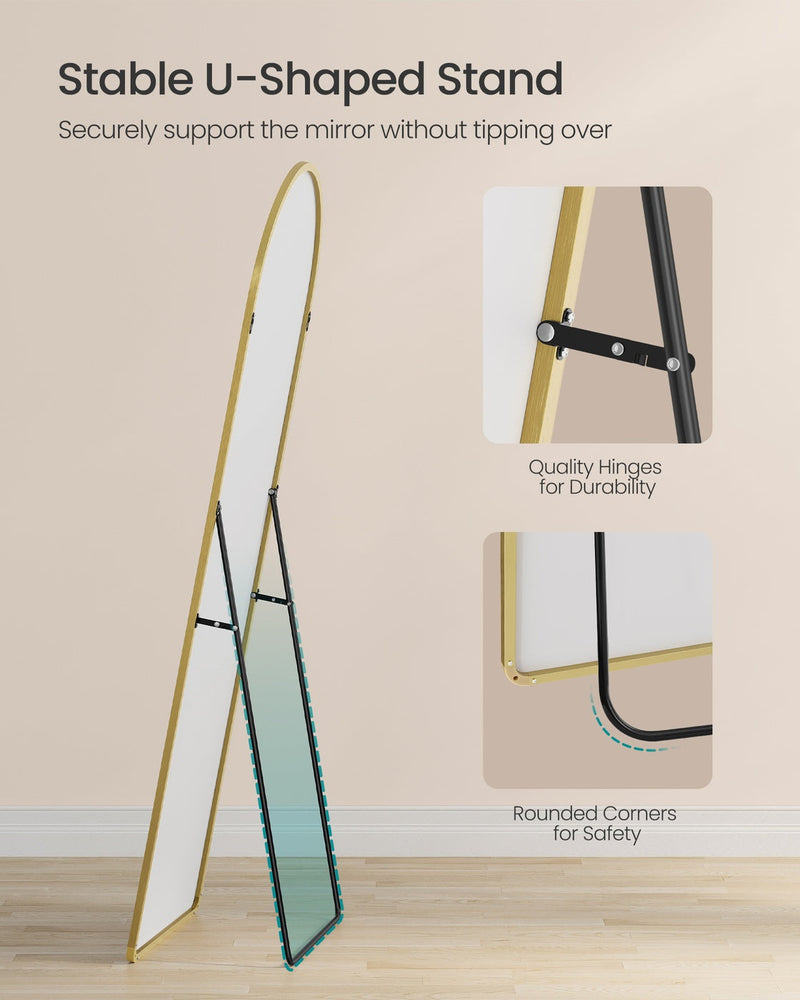 Side view of the mirror on its U-shaped stand, with insets of the hinges and rounded frame corners