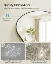 Curved arch of the mirror shown with a comparison of shattered ordinary glass and glass kept in place by safety film