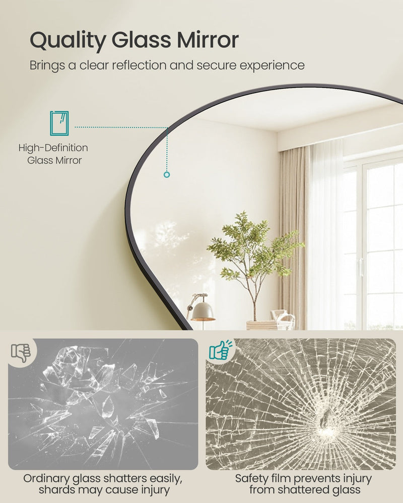 Curved arch of the mirror shown with a comparison of shattered ordinary glass and glass kept in place by safety film