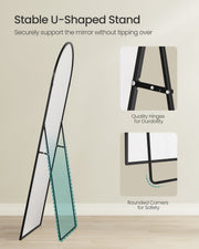 Graphic on the U-shaped stand, the hinges and the rounded corners of the mirror