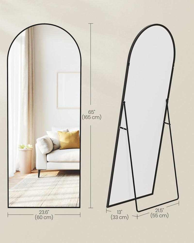 Dimensions diagram: mirror 165 cm tall and 60 cm wide, shown with the stand open