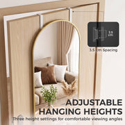 Hook detail showing three height positions 3.5 cm apart on an arched door mirror