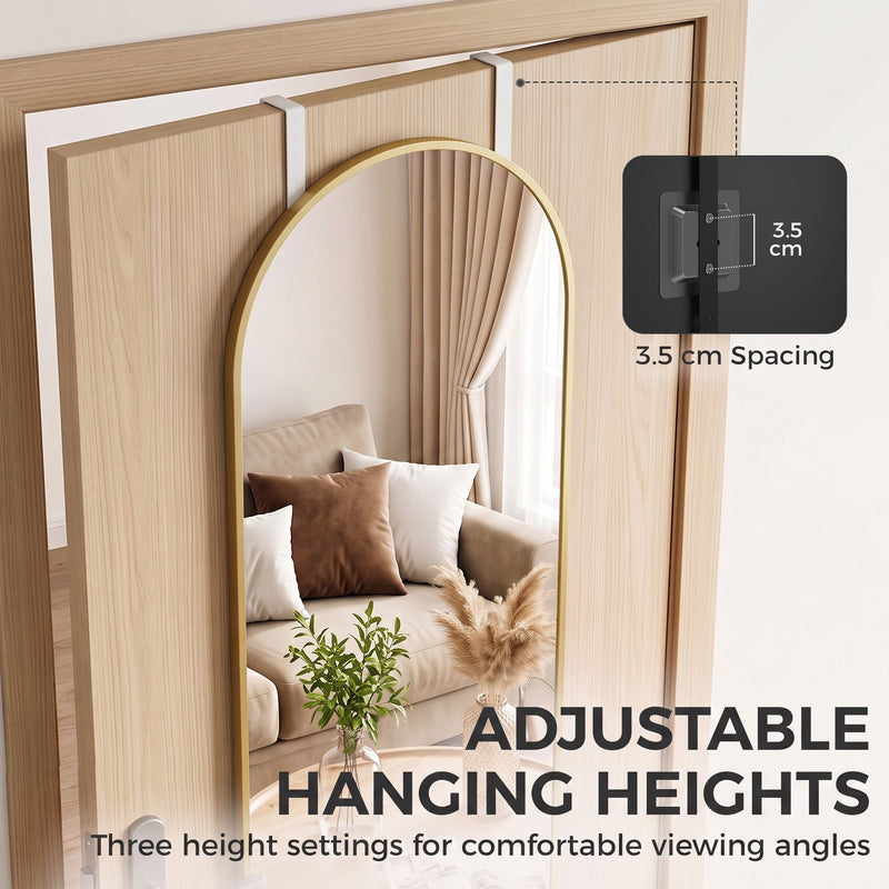 Hook detail showing three height positions 3.5 cm apart on an arched door mirror