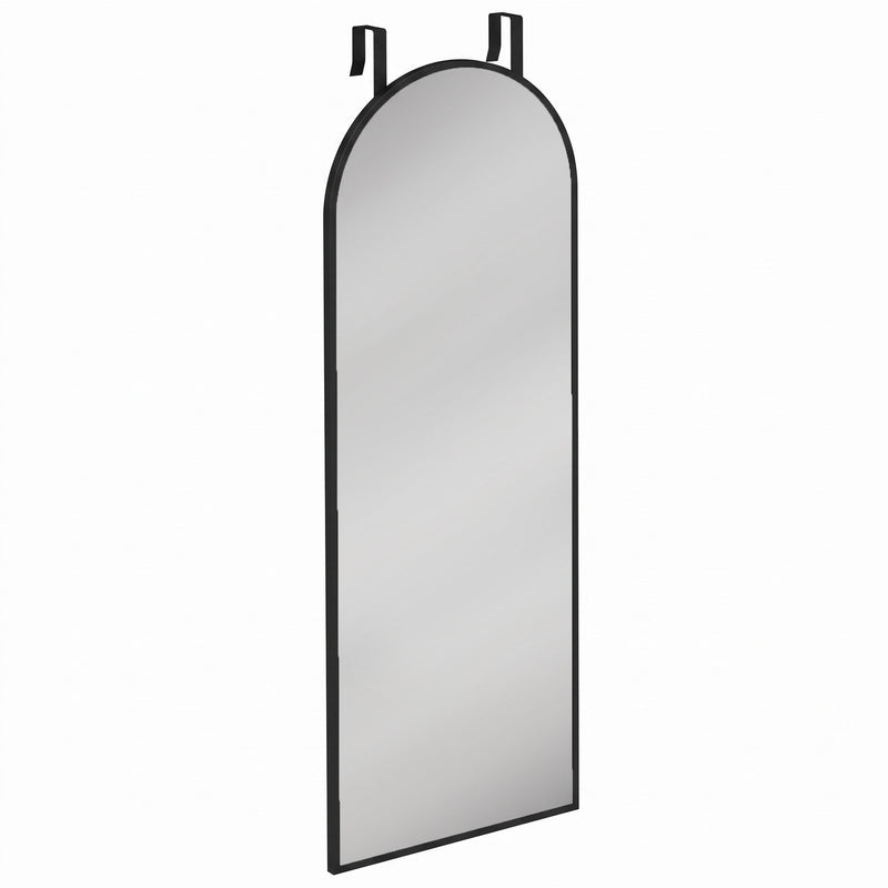 Arched over-door full length mirror with two hooks at the top, front view