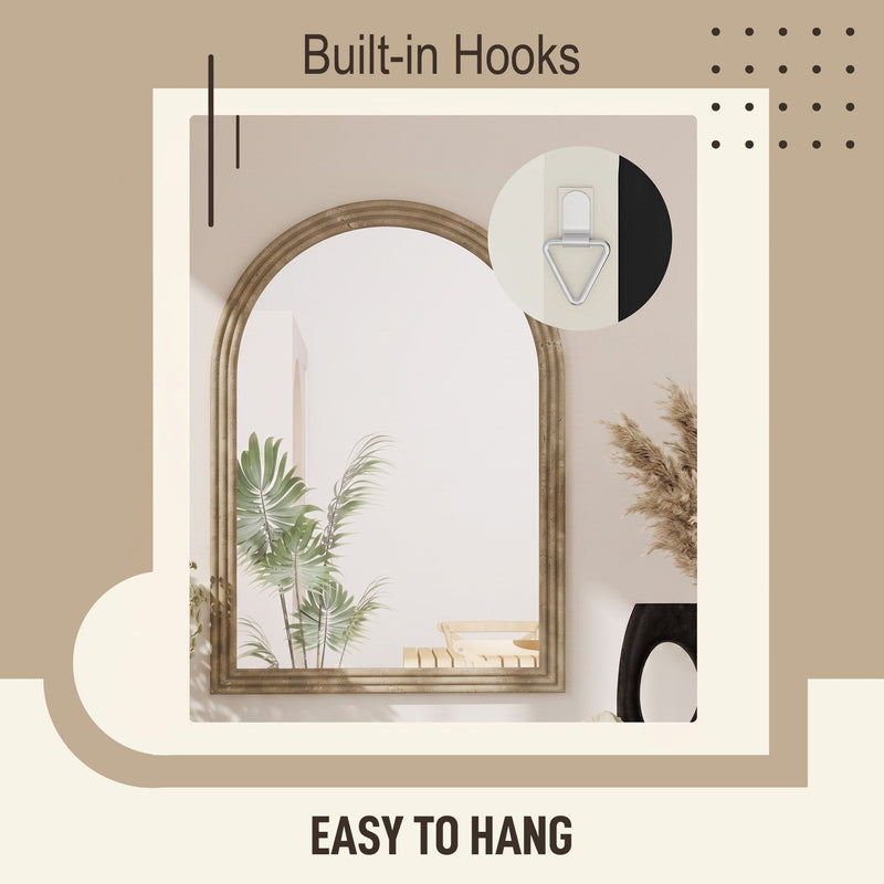 Close-up of the built-in wall mounting hooks on the back of the brown mirror