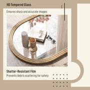 Close-up of the tempered shatterproof glass on the brown mirror reflecting a bedside table