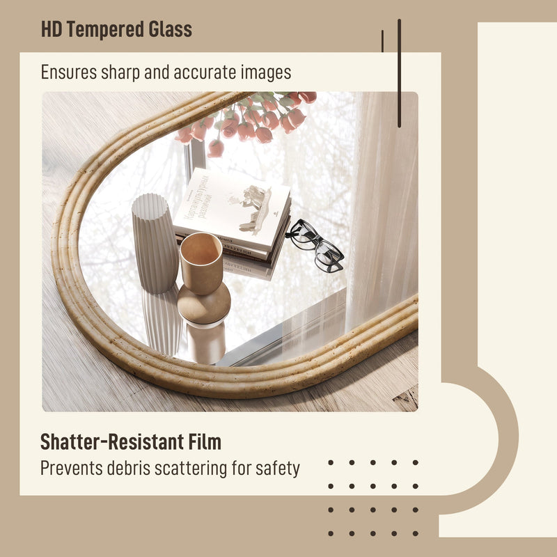 Close-up of the tempered shatterproof glass on the brown mirror reflecting a bedside table