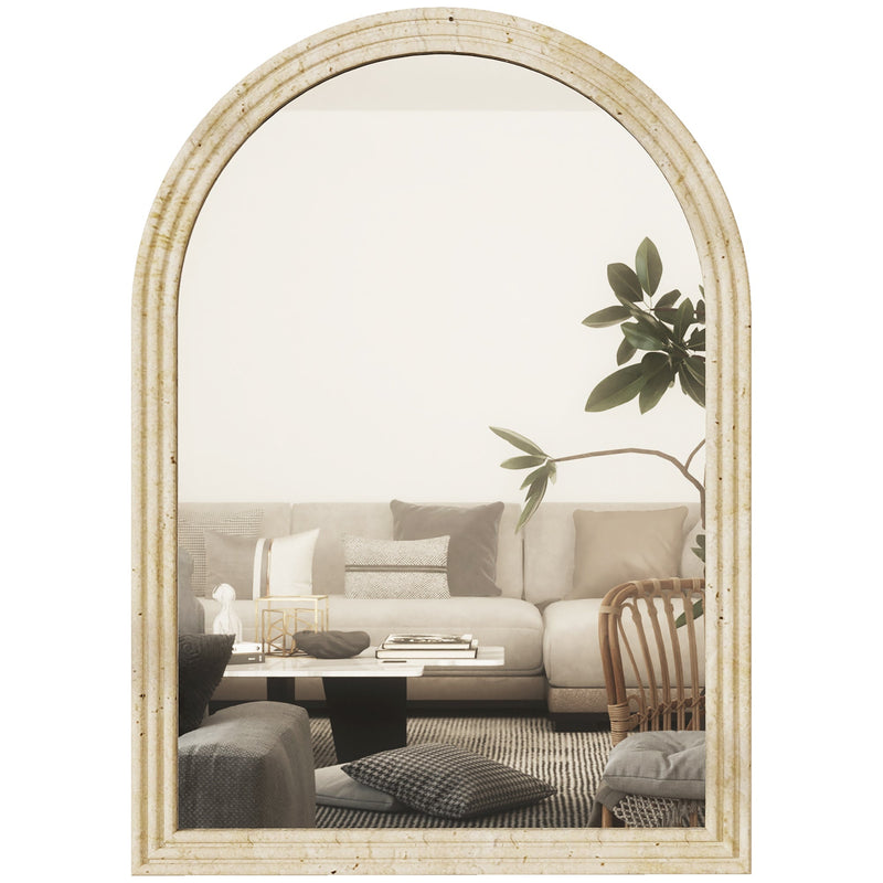 HOMCOM arched wall mirror in beige with grooved stone-effect edge in a living room