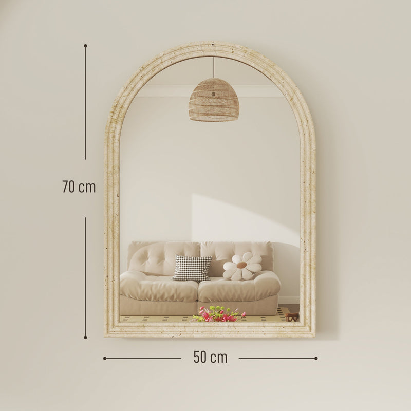 Dimension diagram of the beige mirror showing 70cm height and 50cm width