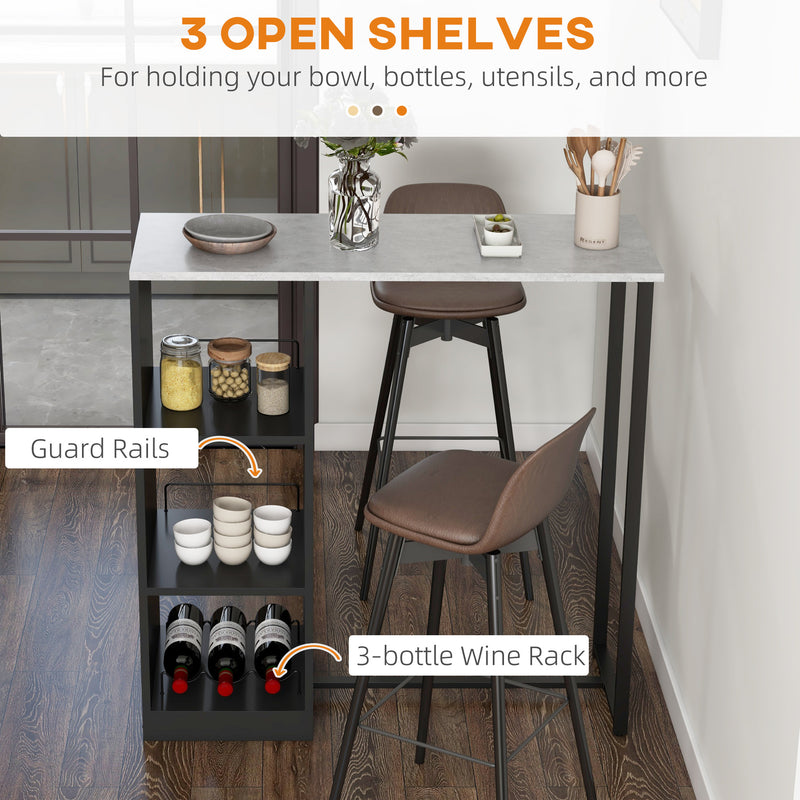 Bar Table with Storage Shelves and Wine Rack for Small Kitchens Grey Marble Black Homcom