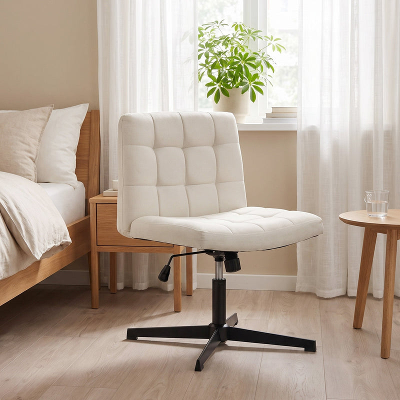 Beige Homcom office chair beside a bed and window in a bedroom setting